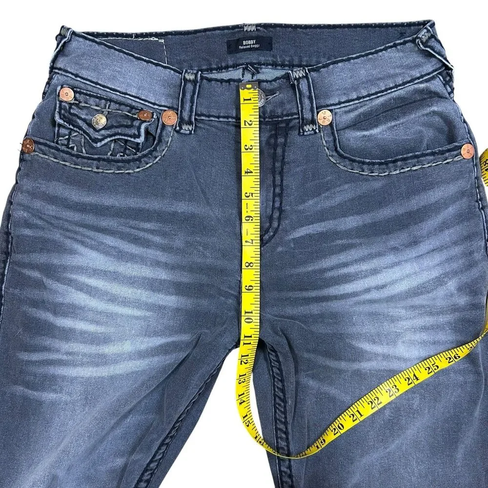 True Religion Men’s 32 Relaxed Baggy Super T Flap Jeans Grey Wash Stitch Denim